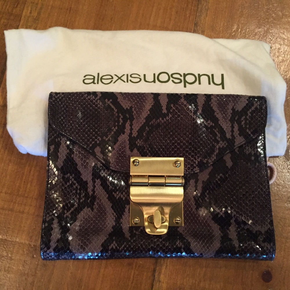 Alexis Hudson Gray Black Leather Snakeskin Clutch with Gold Hardware
